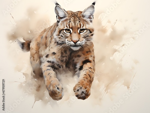 Graceful Wildlife: Bobcat Soaring in Watercolor Style