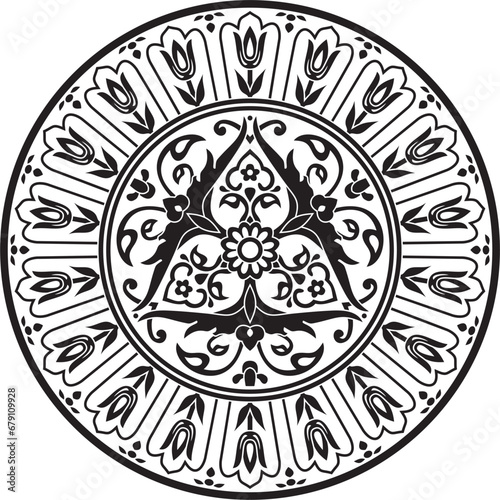Vector black monochrome round turkish ornament. Ottoman circle, ring, frame.