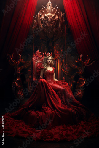 Red queen with crown sits on the throne, princess. AI generative