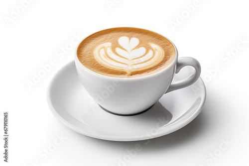 White cup of coffee with milk and cappuccino art isolated on white background for coffee shop menu, flat lay style