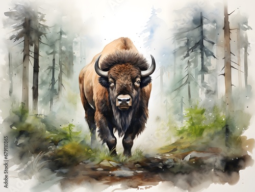 Nature's Beauty: Vibrant Watercolor of an American Bison in the Forest