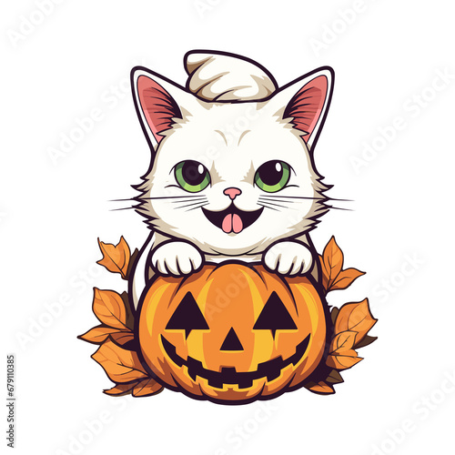 Cute smile cat with pumpkin illustration, isolated on a transparent background.