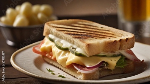 An inviting close-up of a gourmet panini with melted cheese and flavorful fillings on a vintage-style plate, set against a textured metal surface, leaving space for your custom text, AI generated