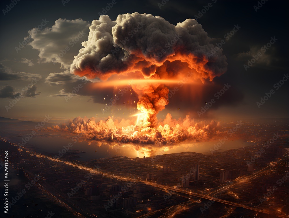 A mushroom cloud from an atomic bomb, depicting destroyed cities and a planet in apocalypse, symbolizing human extinction, war, and the threat of a third world war