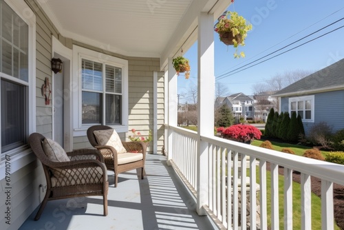 front porch of a cape cod house with a side gable roof