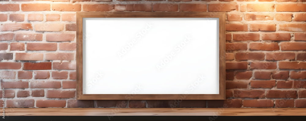 Horizontal landscape mockup frame adds a touch of charm against a vintage brick wall, perfect for showcasing your artwork or photography in style Horizontal landscape mockup frame adds a touch of charm against a vintage brick wall, perfect for showcasing your artwork or photography in style