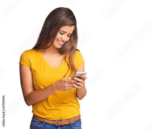 Happy  woman and typing with smartphone to chat  update social media post or mobile games isolated on transparent png background. Cellphone  scroll or search web for news  reading notification or app