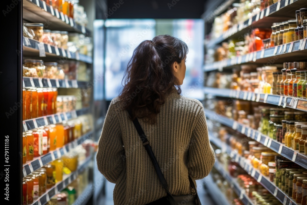 Food Price Inflation. Woman Shopping for Groceries with Concern in Supermarket Aisle