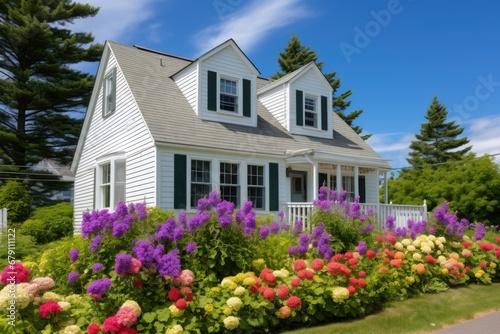 cape cod with dormers, decorated with summer flowers