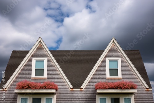 close-up shot of the dormers of a cape cod house against a cloudy sky