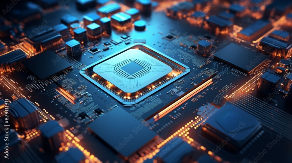 Futuristic motherboard featuring a complex arrangement of microchips ...