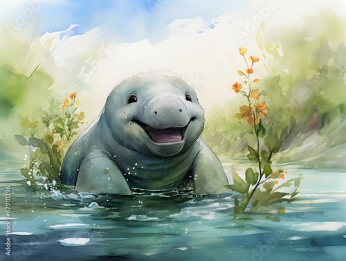 Adorable Manatee Print: Cartoon-Inspired Crosshatched Style © czphoto