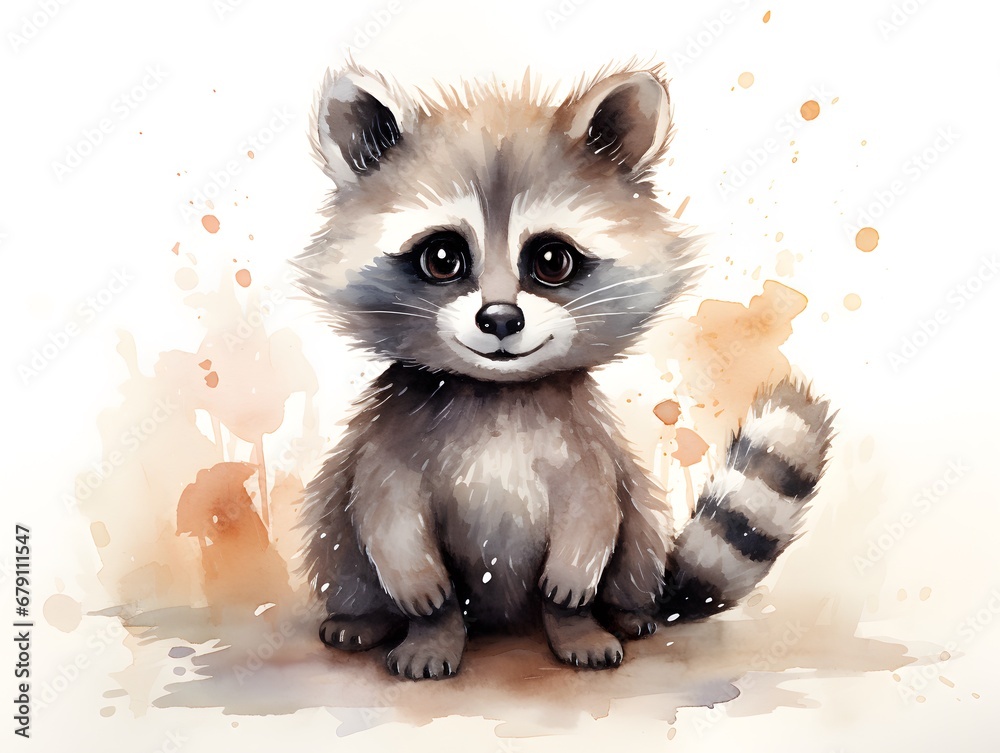 Obraz premium Cartoon-Style Raccoon: Adorable Watercolor Artwork