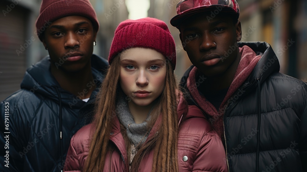 Naklejka premium Teenage street fashion and identity concept. A group of teenagers showing off their unique street style, dressed in the latest urban fashion.