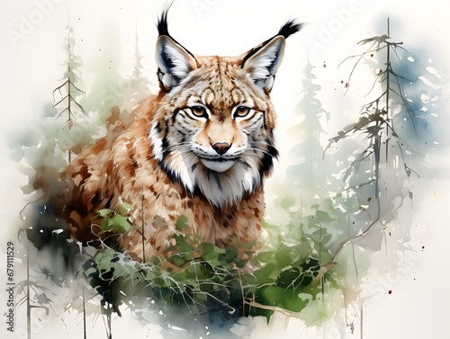 Serene Lynx: Beautiful Wildlife Painting in a Woodland Setting