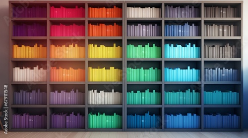 A wellorganized bookshelf filled with vibrant, multicolored folders and books, perfect for a professional and tidy background in virtual meetings or webinars.