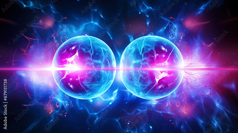 Subatomic proton particle collision. Nuclear fusion concept. Generative AI Subatomic proton particle collision. Nuclear fusion concept. Generative AI