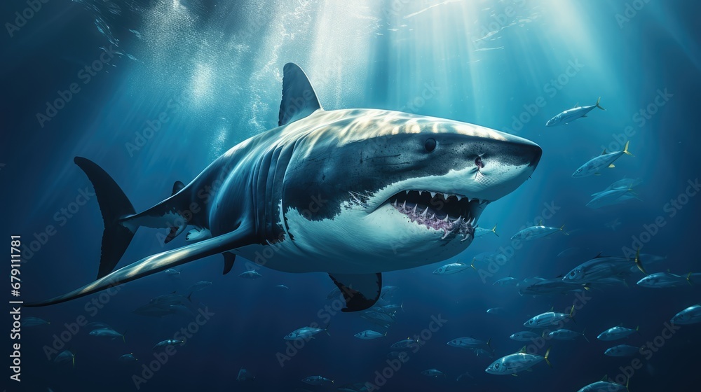 A dangerous predatory shark with a slightly open mouth with many small teeth in the blue depths of the sea close-up A dangerous predatory shark with a slightly open mouth with many small teeth in the blue depths of the sea close-up