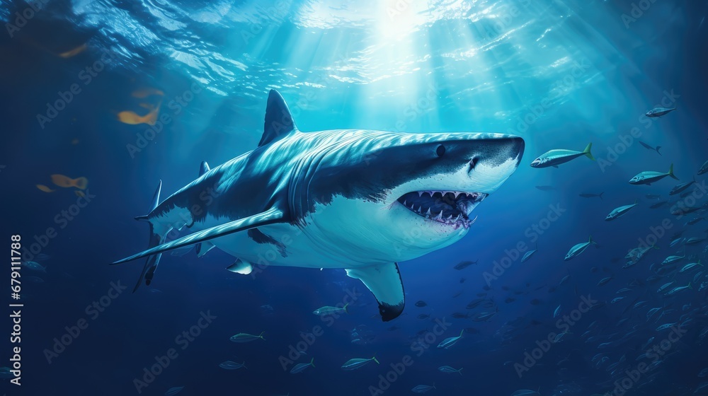 A dangerous predatory shark with a slightly open mouth with many small teeth in the blue depths of the sea close-up