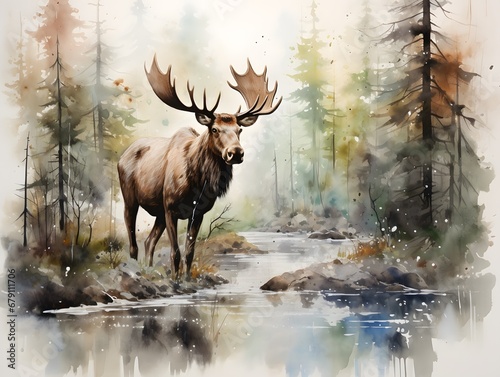 Whimsical Moose: Delightful Watercolor Artwork of a Forest Dweller © czphoto