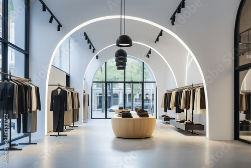 Modern clothing store interior with arched ceiling and hanging lights. photo