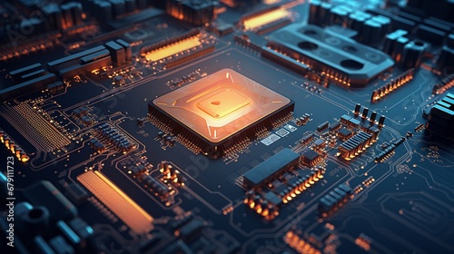Obraz na płótnie Futuristic motherboard featuring complex microchip integration.