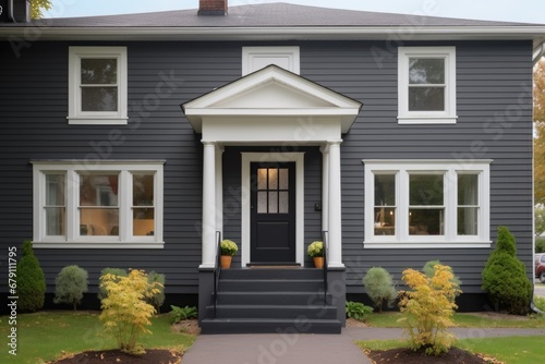 colonial house with dark grey central front door matching window trims © altitudevisual