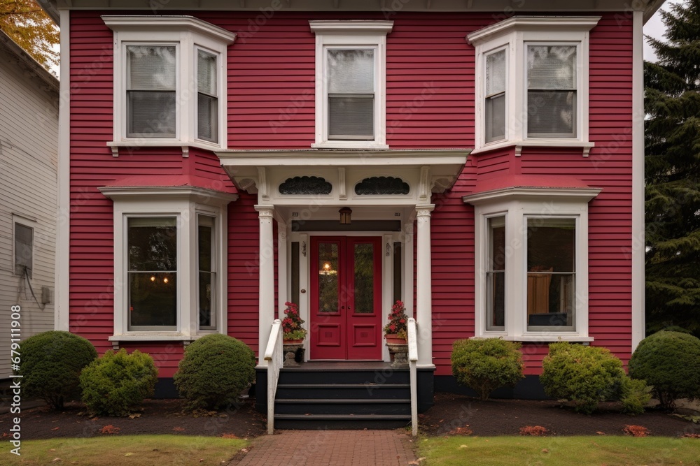 strawberry red colonial house with matching central front door