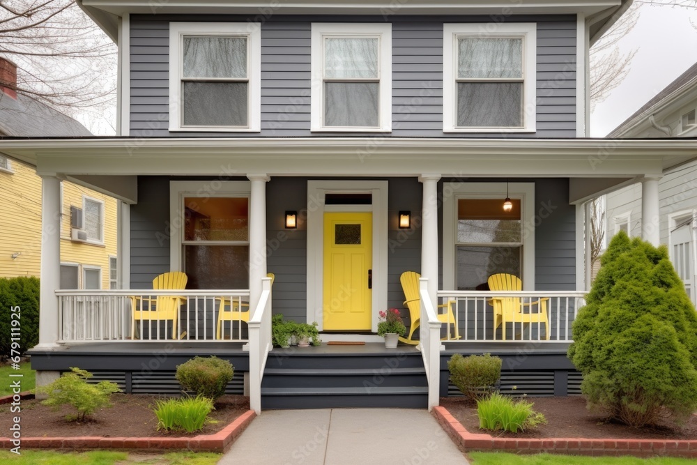 smoky gray colonial house with a vibrant yellow front door