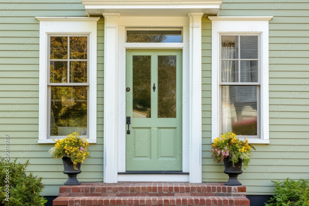front door detail of a colonial house with transom window
