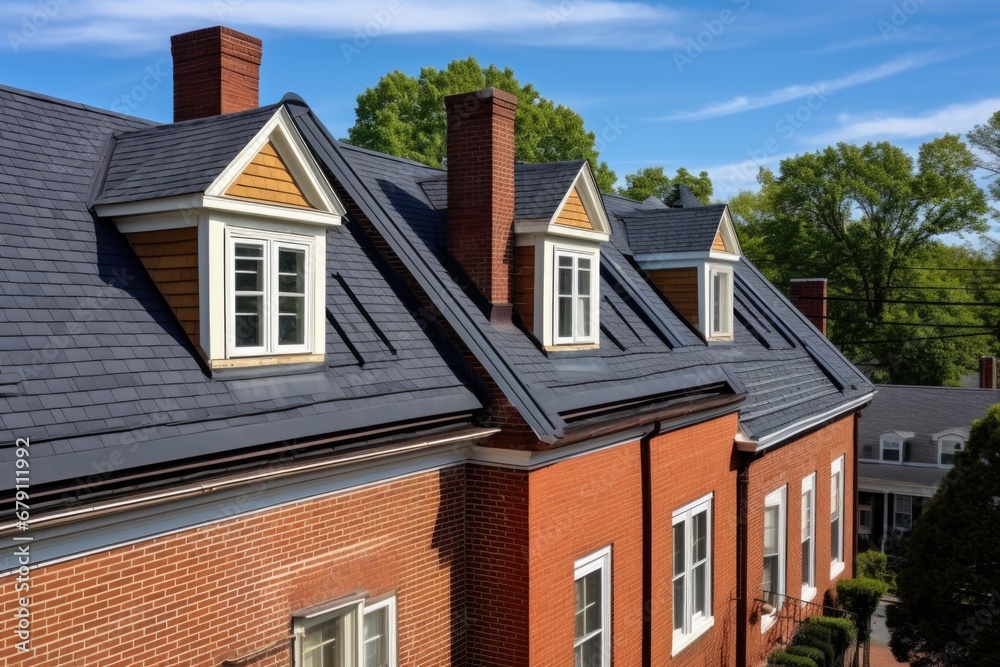 dormers on the rooftop of a colonial brick house
