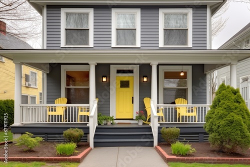 smoky gray colonial house with a vibrant yellow front door © altitudevisual