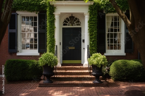 colonial architecture, front door in the middle with topiary on each side © altitudevisual