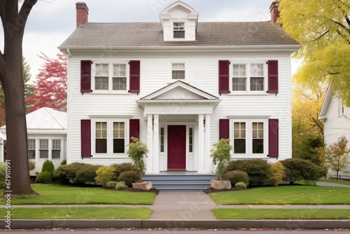 colonial house, white exterior with a maroon central front door © altitudevisual