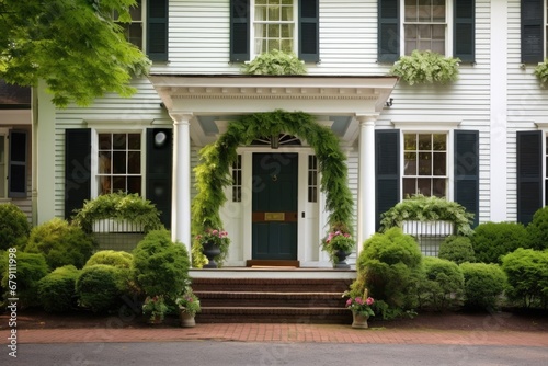 colonial home, central front door lined with an ivy covered porch