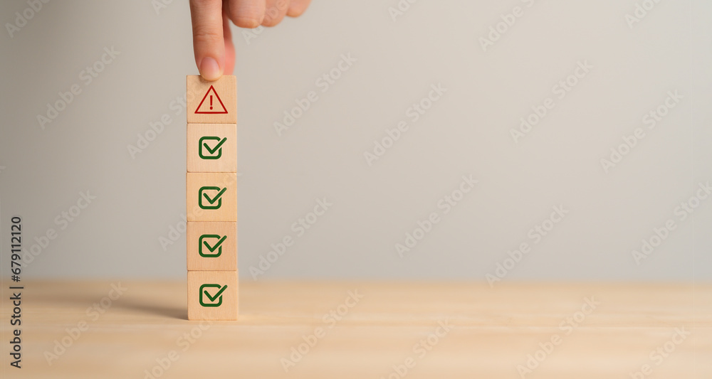 Problem and error warning concept. Wooden cubes with triangle caution ...