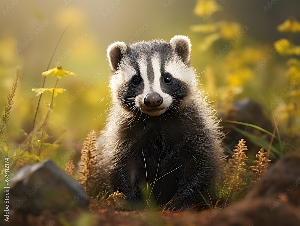Watercolor Print of a Cartoon Badger with Crosshatched Shading: Cute and Charming Watercolor Print of a Cartoon Badger with Crosshatched Shading: Cute and Charming