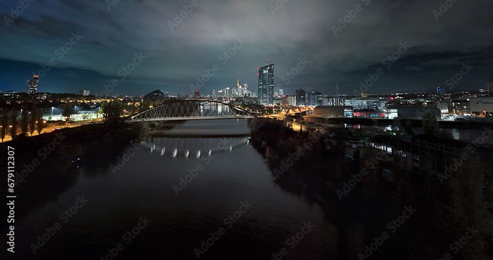 View of the ECB in Frankfurt and the Skyline at night Aerial