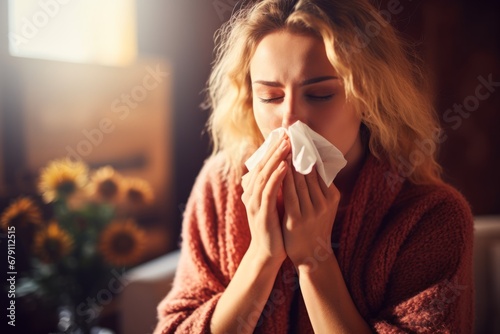 Sick woman blowing her nose and covering it with tissue, Woman with cold photo