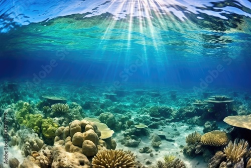 the suns rays penetrating turquoise seawater  illuminating the coral reef
