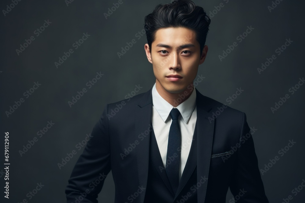 Beautiful and stylish fictional Chinese model posing with confidence in an elegant black suit. Generative AI. Beautiful and stylish fictional Chinese model posing with confidence in an elegant black suit. Generative AI.