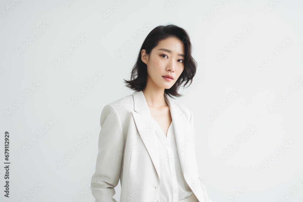 Beautiful and stylish fictional Japanese model posing with confidence in an elegant white suit. Generative AI. Beautiful and stylish fictional Japanese model posing with confidence in an elegant white suit. Generative AI.