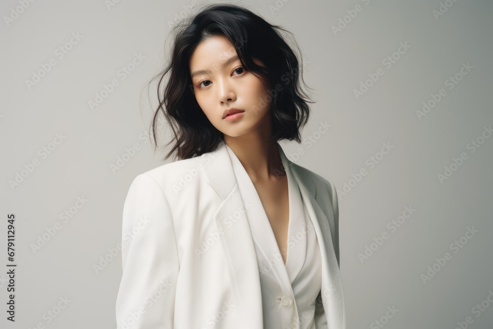 Beautiful and stylish fictional Japanese model posing with confidence in an elegant white suit. Generative AI. Beautiful and stylish fictional Japanese model posing with confidence in an elegant white suit. Generative AI.
