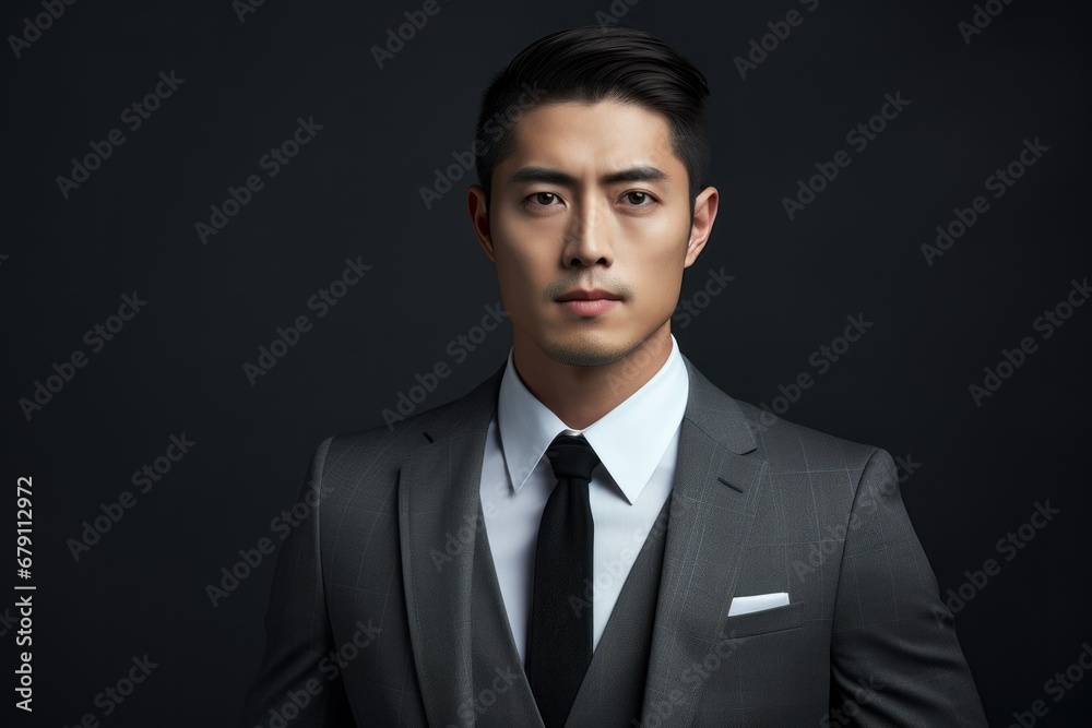 Beautiful and stylish fictional Chinese model posing with confidence in an elegant dark suit. Generative AI. Beautiful and stylish fictional Chinese model posing with confidence in an elegant dark suit. Generative AI.