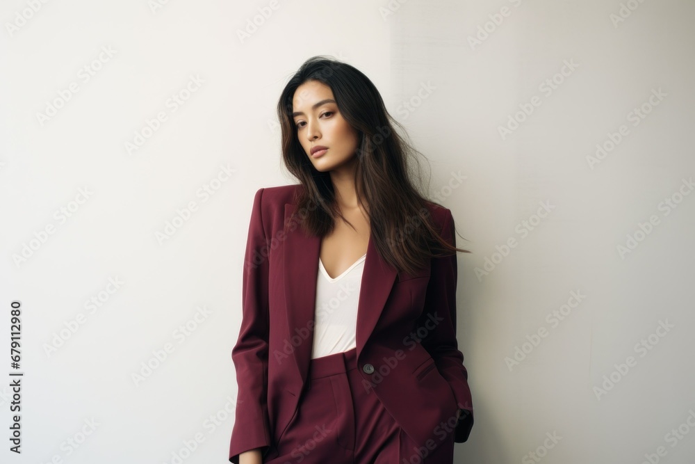 Beautiful and stylish fictional Chinese model posing with confidence in an elegant burgundy suit. Generative AI. - obrazy, fototapety, plakaty 