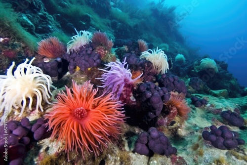 various-hued sea anemones in a restored reef