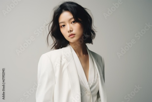 Beautiful and stylish fictional Japanese model posing with confidence in an elegant white suit. Generative AI.