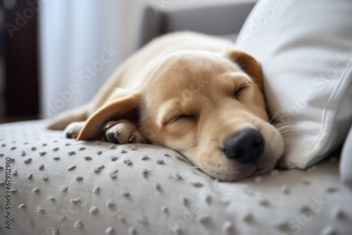 Portrait of a sleeping dog puppy, lying on a cozy blanket. Close up