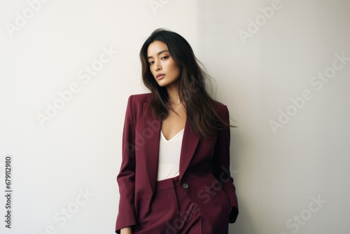Beautiful and stylish fictional Chinese model posing with confidence in an elegant burgundy suit. Generative AI. photo