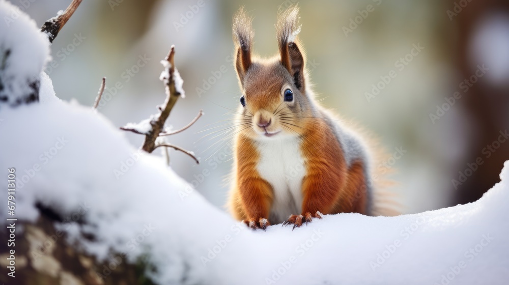Close up portrait of cute red squirrel looking at camera, blurry forest in the background, winter scene Close up portrait of cute red squirrel looking at camera, blurry forest in the background, winter scene